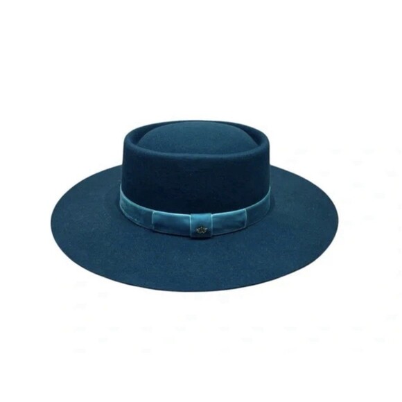 Lele Sadoughi Wool Wide Brim Fedora Hat Teal Blue OS One Size Velvet Band